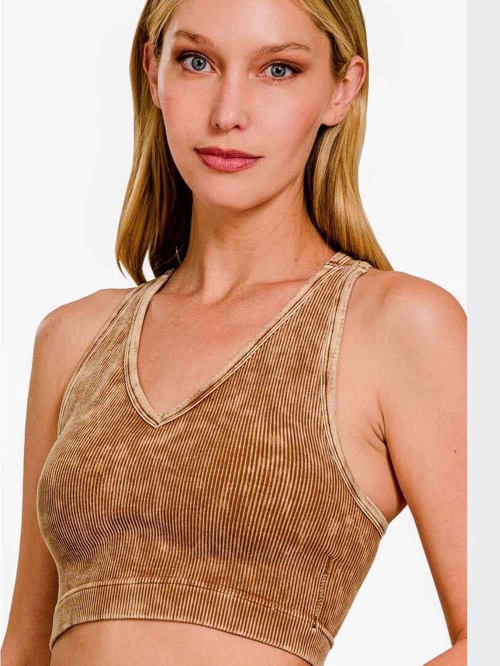 Zenana Outfitters Ribbed V-Neck Crop Brami- in Camel